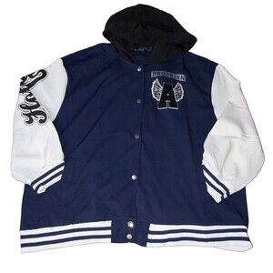 Helium Moto Wear 4X Brooklyn Rebel 93 Varsity Jacket Navy White Hooded Y2K